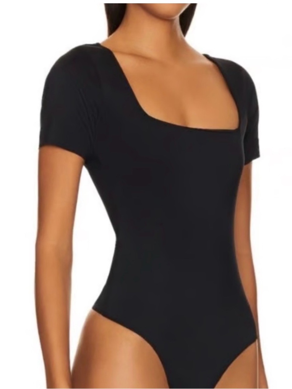 House of Harlow 1960 Black Short Sleeve Square Neck Thong Bodysuit Size S